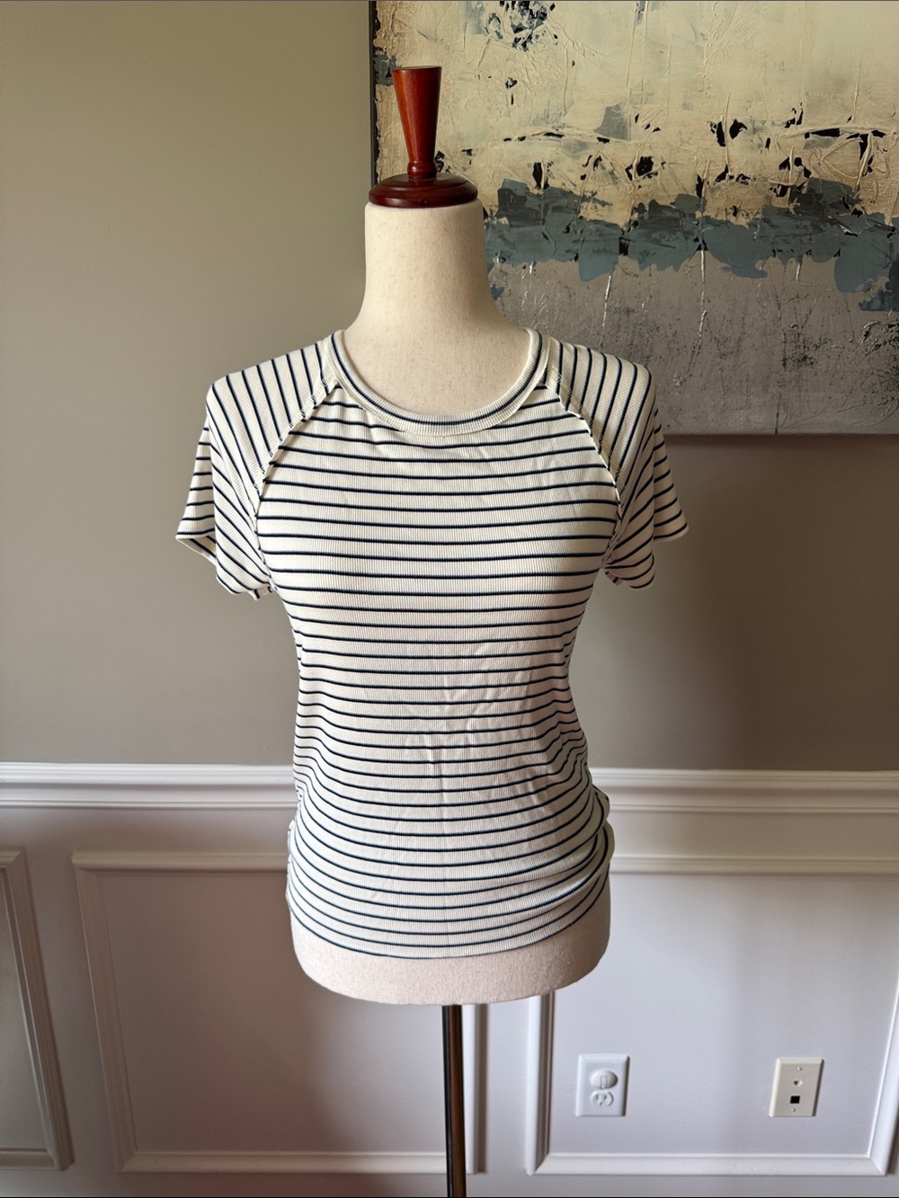 LNA Striped Short-Sleeve Crewneck Top - Cream & Navy Size M